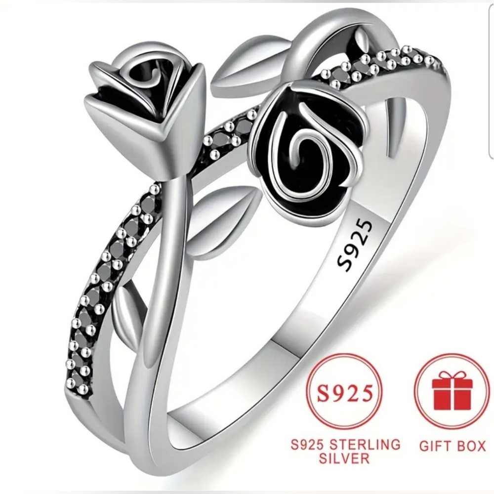 Vintage Elegant ringS925 Silver Cross Black Rose Ring Low Allergy Nickel Free